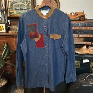 VINTAGE Eagle River Traders Fall Patchwork Denim Button Up Shirt Mandarin Collar